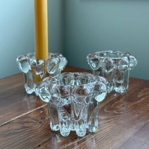 3 Vintage Candle Holders Bubble Glass Reims France KG Indonesia MCM Decor